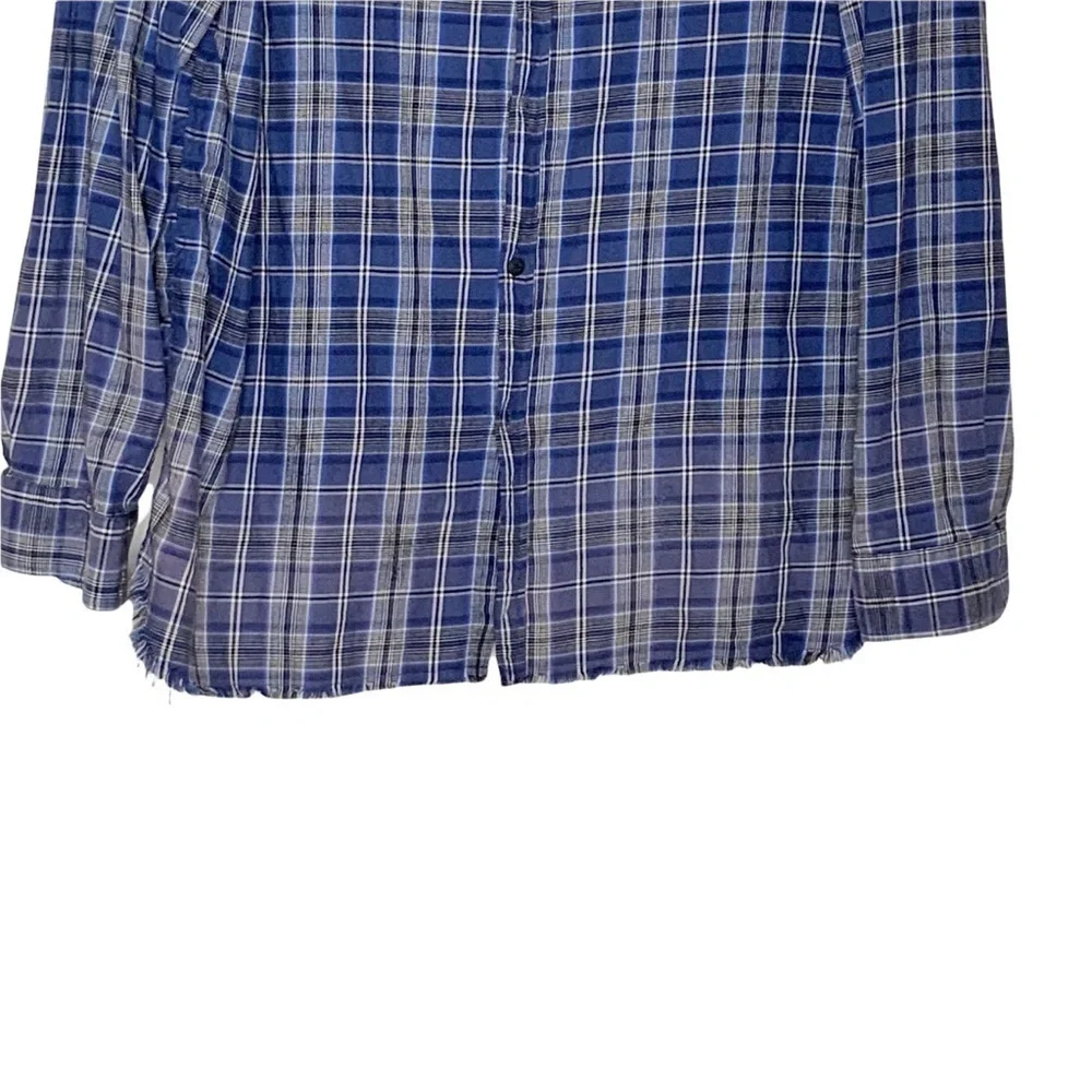zara MAN Blue plaid buttoned down shirt with frayed hem. Size L - Picture 4 of 7